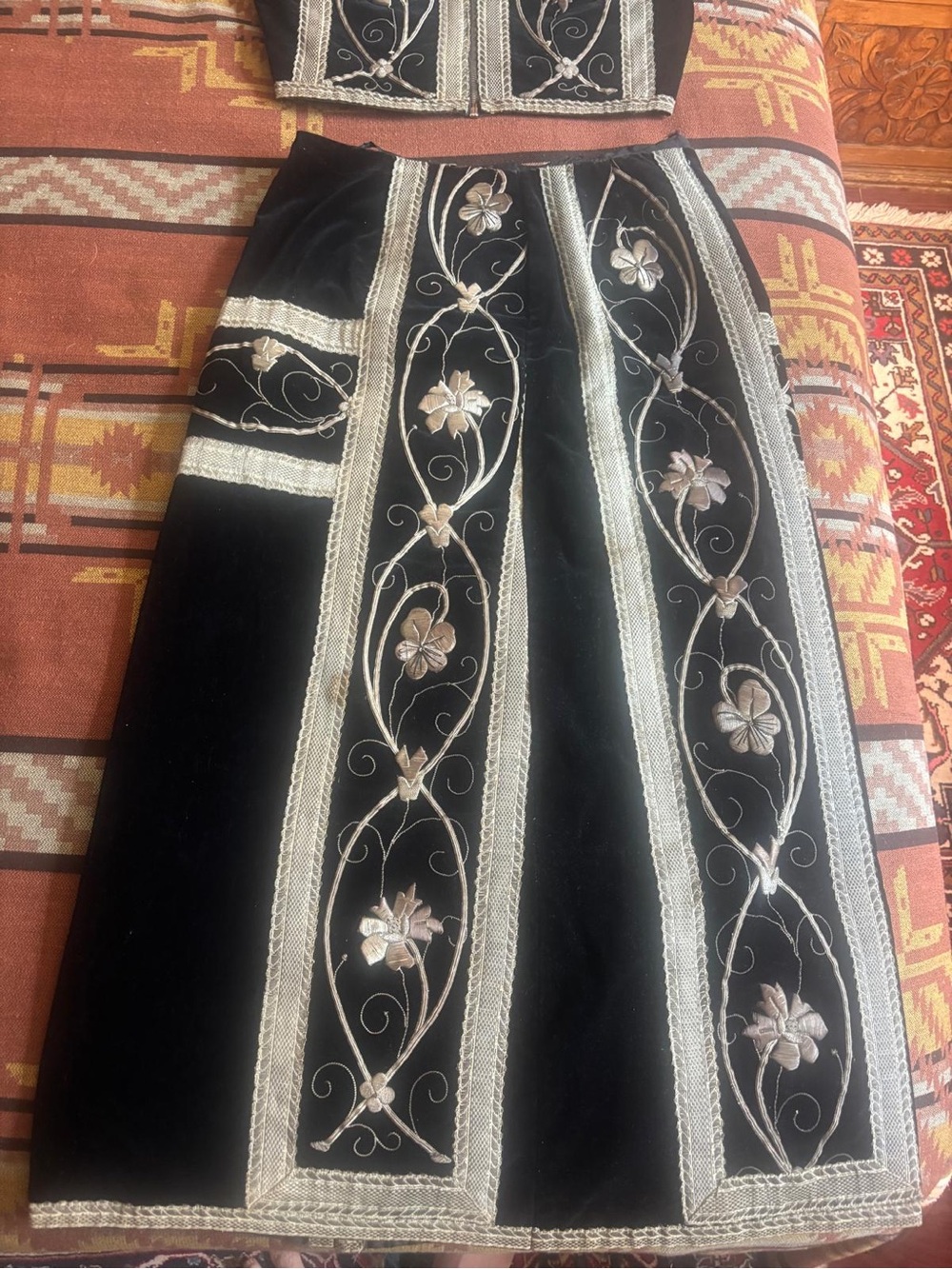 Black Embroidered Velvet Midi Skirt with Silver Floral Trim